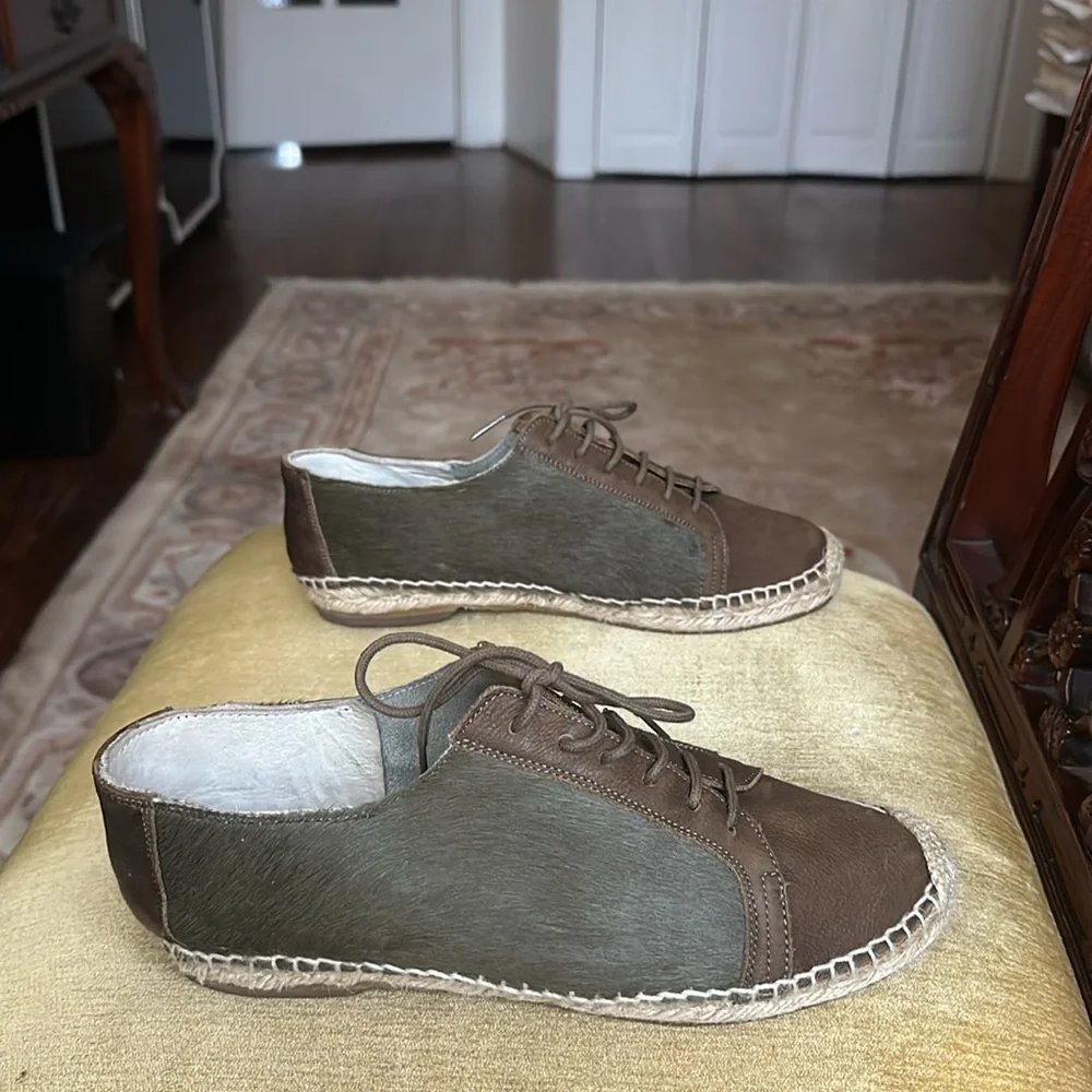 Anthropologie KMB Jorinda Espadrille Sneakers Leather Calf Hair Olive Brown Sz 9